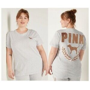 Campus T-shirt Heather Grey Glitter Logo PINK Victoria's Secret Medium NWT
